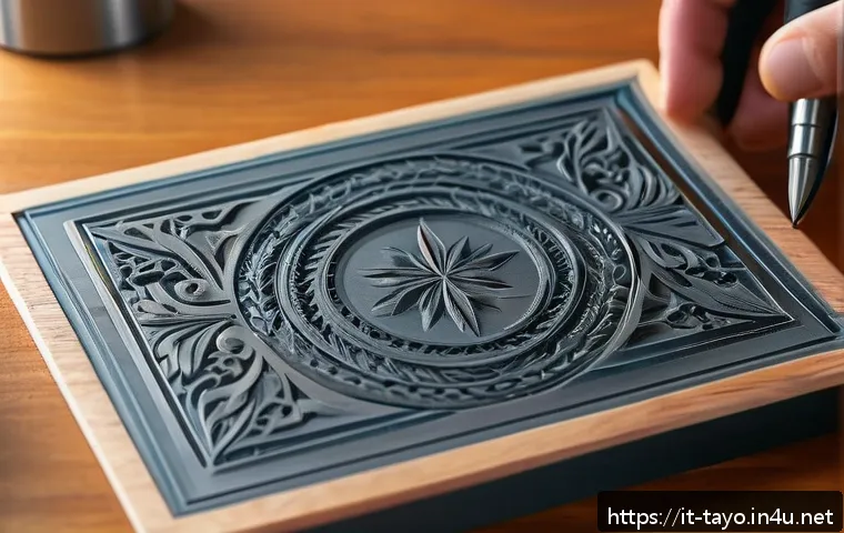타요 캐릭터 도장 만들기 - A detailed close-up of a handcrafted custom rubber stamp being carved with precision tools: sharp ca...