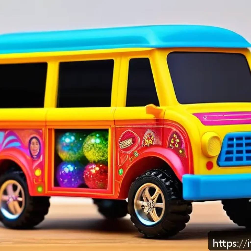 타요의 특별한 아이템 - A colorful toy minibus customized with large off-road wheels and a glowing LED front light, surround...