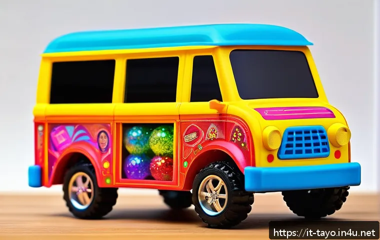 타요의 특별한 아이템 - A colorful toy minibus customized with large off-road wheels and a glowing LED front light, surround...
