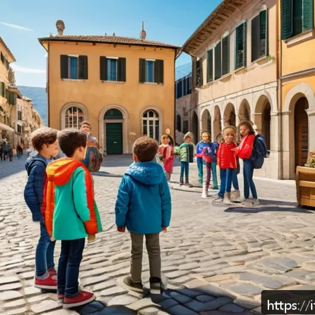 타요와 함께 배우는 사회 - A lively outdoor educational scene in a charming Italian city square during daytime, featuring a div...