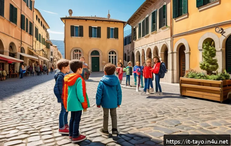 타요와 함께 배우는 사회 - A lively outdoor educational scene in a charming Italian city square during daytime, featuring a div...