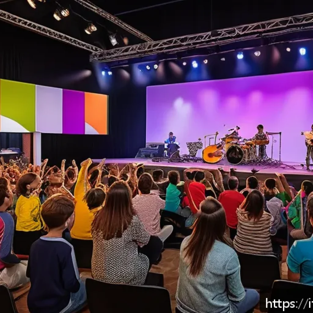 타요의 음악적 특징 - A vibrant family-friendly concert scene featuring a diverse audience of parents and children dancing...