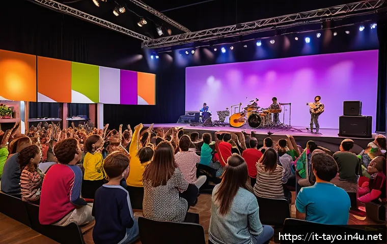 타요의 음악적 특징 - A vibrant family-friendly concert scene featuring a diverse audience of parents and children dancing...