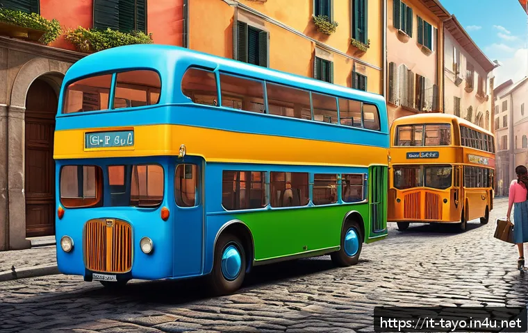 타요 제작 비하인드 스토리 - A vibrant 3D CGI scene featuring colorful, expressive animated buses and small vehicles inspired by ...