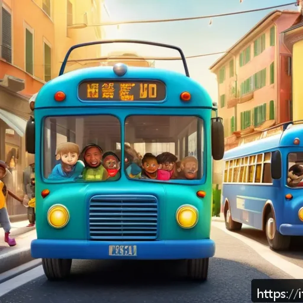 타요 제작사 - A vibrant 3D animated scene featuring colorful anthropomorphic buses with distinct personalities, ea...