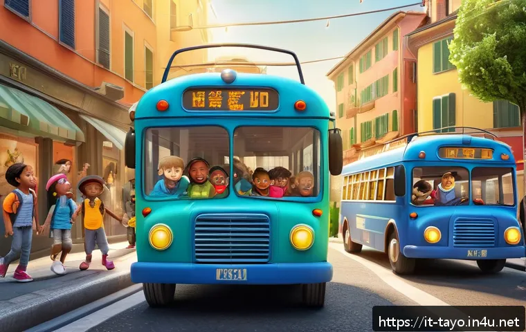 타요 제작사 - A vibrant 3D animated scene featuring colorful anthropomorphic buses with distinct personalities, ea...