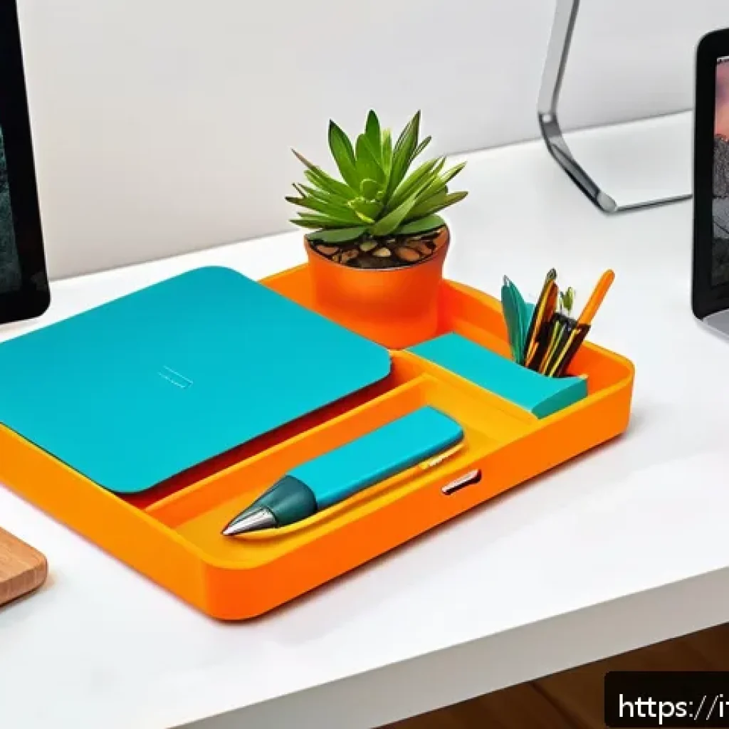 타요 굿즈 컬렉션 - A vibrant and modern workspace featuring a colorful Tayo multifunctional desk organizer filled with ...