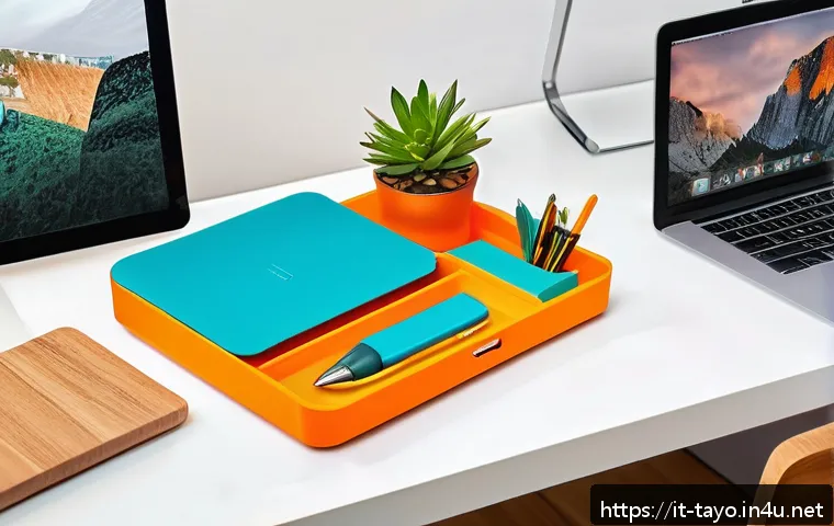 타요 굿즈 컬렉션 - A vibrant and modern workspace featuring a colorful Tayo multifunctional desk organizer filled with ...