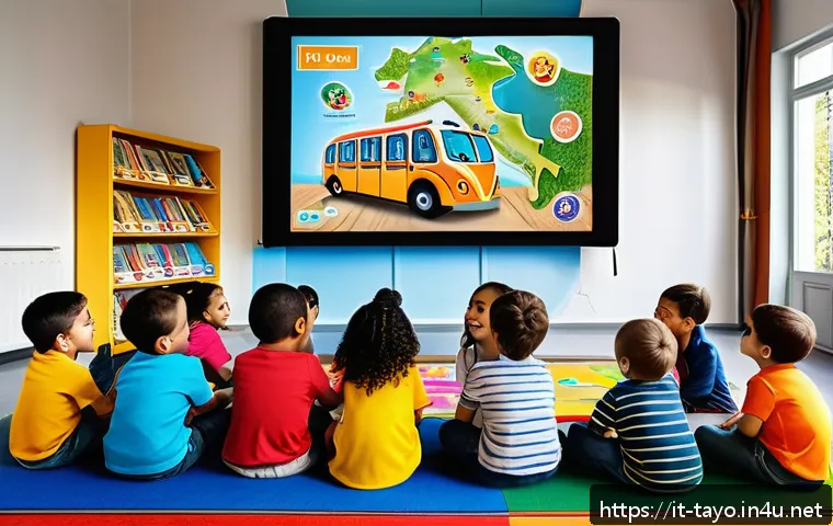 타요 관련 콘텐츠 개발 및 제작 사례 - A colorful and engaging classroom scene in an Italian elementary school, featuring diverse young chi...