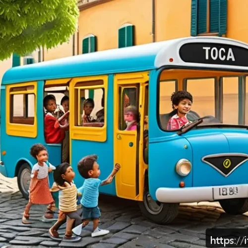 타요 관련 스토리 창작 - A lively, colorful scene of Tayo the little bus and his diverse group of friends playing together in...