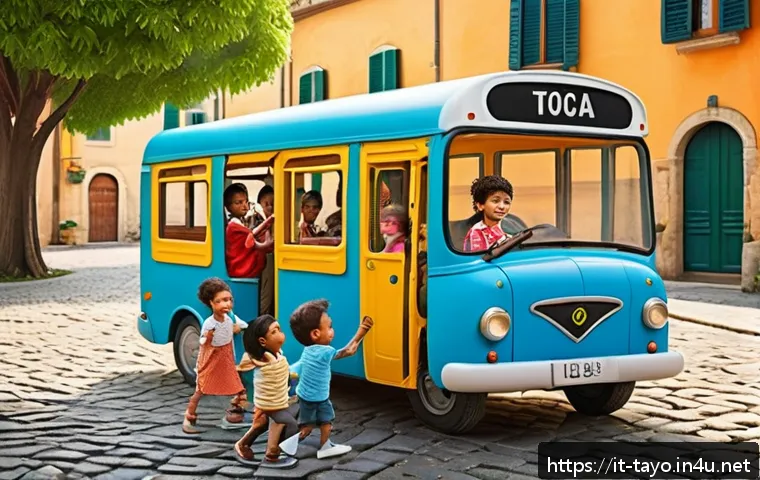 타요 관련 스토리 창작 - A lively, colorful scene of Tayo the little bus and his diverse group of friends playing together in...