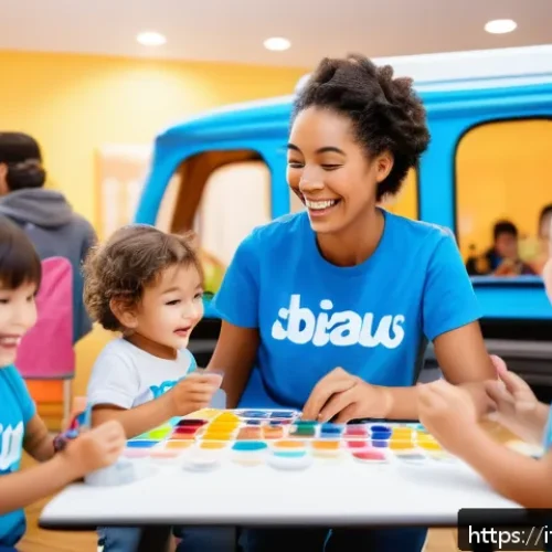 타요 팬덤 커뮤니티 - A vibrant family event scene in a spacious, well-lit community center in Italy, filled with joyful c...