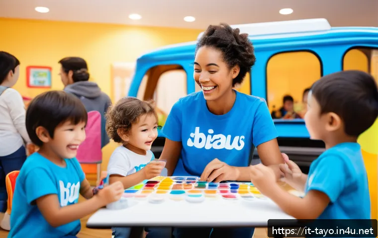 타요 팬덤 커뮤니티 - A vibrant family event scene in a spacious, well-lit community center in Italy, filled with joyful c...