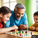 타요 키즈용 보드게임 - A warm family scene in a cozy living room featuring parents and children playing a colorful board ga...