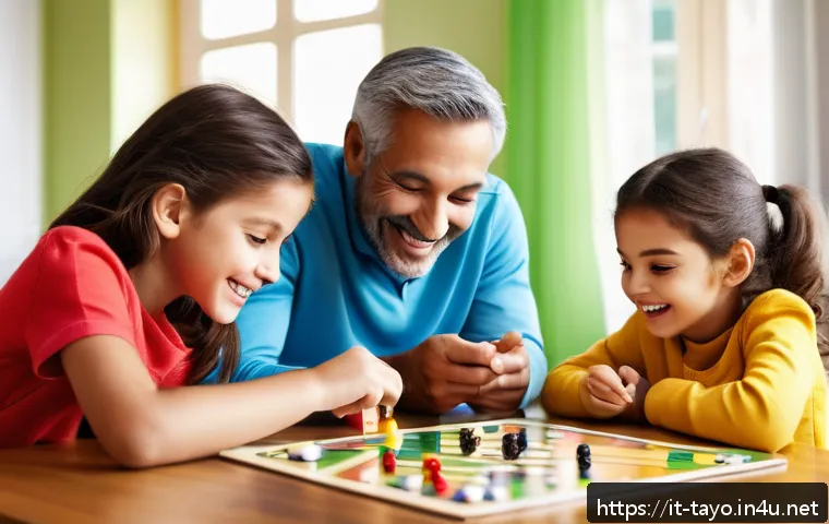 타요 키즈용 보드게임 - A warm family scene in a cozy living room featuring parents and children playing a colorful board ga...