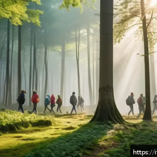 타요의 전통적 가르침 - A serene forest scene at dawn with a diverse group of people of various ages practicing mindful walk...