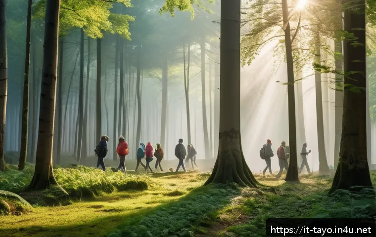 타요의 전통적 가르침 - A serene forest scene at dawn with a diverse group of people of various ages practicing mindful walk...