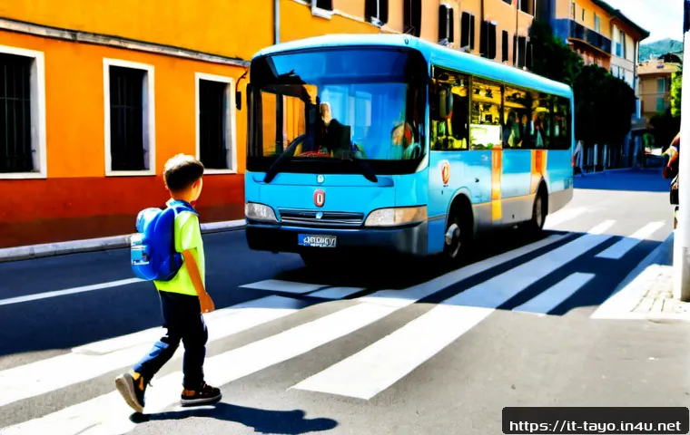 타요와 교통 안전 - Photorealistic Italian urban street safety scene, a cheerful small blue city bus with a friendly non...