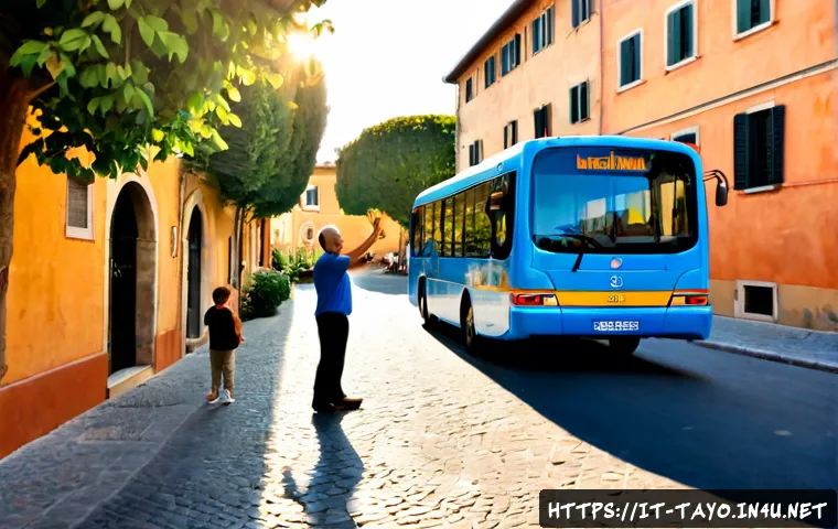 타요와 감성 콘텐츠 제작 사례 - Photorealistic warm family scene in a sunlit Italian neighborhood, a cheerful unbranded blue city bu...