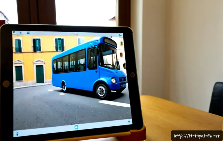 Home 17 타요와 애니메이션 기법 - Photorealistic animation studio desk in Italy, a cheerful small blue city bus character figurine wit...