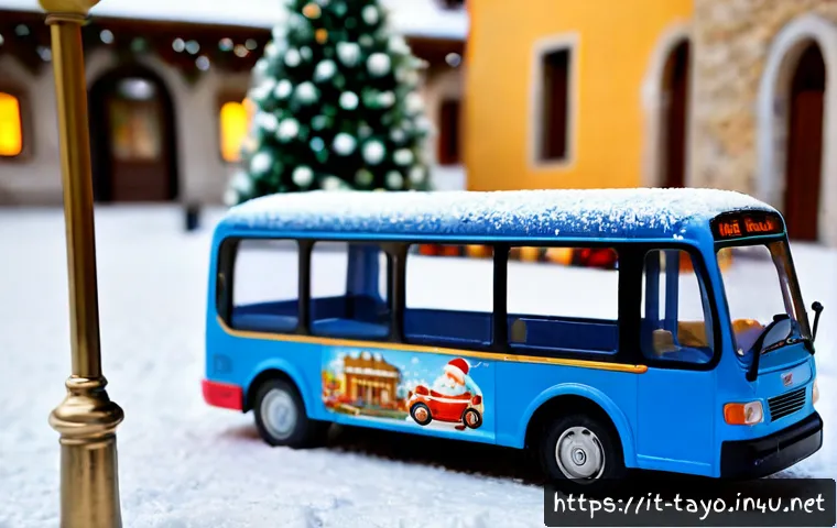 타요 크리스마스 에디션 - Photorealistic product scene of a cheerful blue children’s city bus toy in a Christmas edition, park...