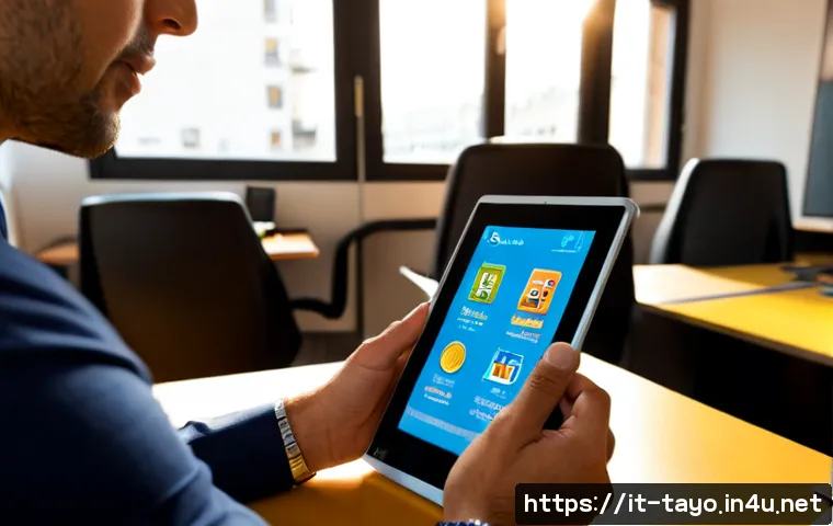 타요 NFT 프로젝트 - Photorealistic Italian digital art collector examining a sleek tablet displaying colorful 3D cartoon...